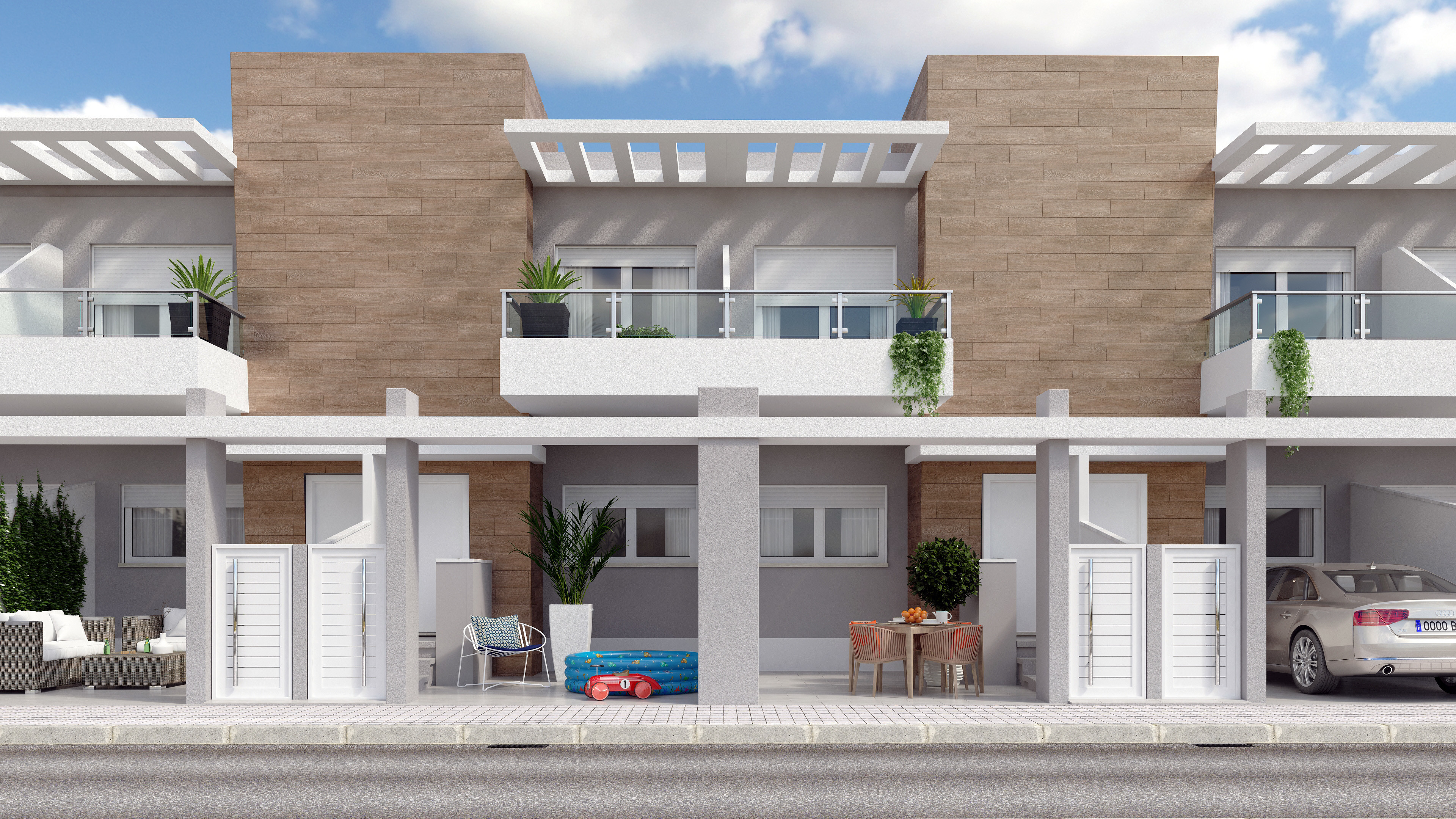 Vista frontal del Nuevo Residencial Montblanch en Barriada Hispanoamérica (Los Dolores) compuesto de 15 Dúplex VPO de 4 dormitorios, 3 baños y jardín